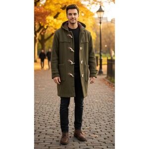 Gap Men's Green‎ Wool Blend Duffle Coat Hooded Toggle Closure Fisherman Size S